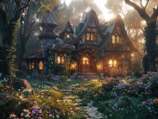 Fototapeta premium Enchanting cottage nestled in a whimsical forest garden. AI.