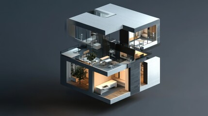 Modern architectural design of a cube-shaped house with interior rooms visible.