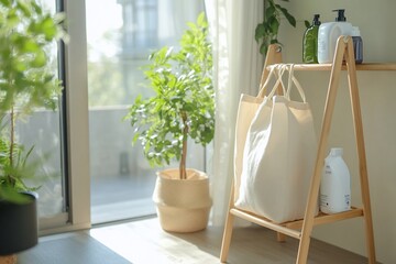 Sunlit room corner with plants, reusable bags, and toiletries on a wooden shelf.