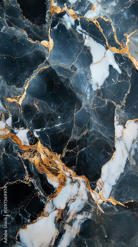 Poster a close-up of luxurious black and gold marble, showcasing intricate patterns and textures.