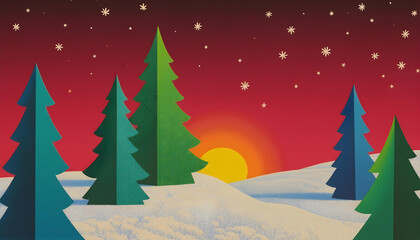 Fototapeta premium cozy Christmas scene featuring colorful paper cutout trees against vibrant sunset. snowy landscape and falling snowflakes create festive atmosphere
