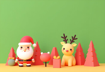 Fototapeta premium Create whimsical Christmas scene featuring cute Santa Claus and cheerful reindeer surrounded by colorful paper trees and gifts. This festive illustration captures joy of holiday season