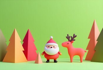 Fototapeta premium Create whimsical Christmas scene featuring cheerful Santa and playful reindeer surrounded by colorful paper trees. This festive setup brings joy and holiday spirit