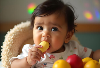 curious baby with dark hair enjoys colorful fruit snack, surrounded by vibrant fruits. joyful expression captures moment of discovery and delight