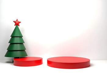 festive Christmas scene featuring green tree and red circular platforms, perfect for holiday displays and decorations. vibrant colors evoke joyful atmosphere