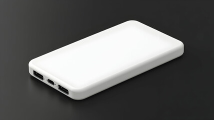 White portable power bank charger on dark surface.
