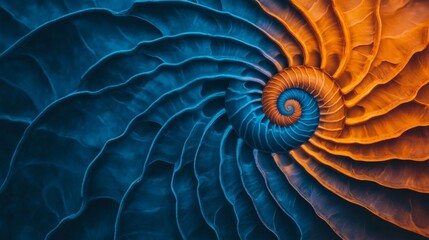 Spiral Symphony in Blue and Orange: A mesmerizing close-up shot reveals the intricate, contrasting spirals of a nautilus shell, evoking a sense of wonder and natural beauty.  