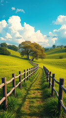 Obraz premium Charming wooden fence winding through lush green landscape, nature, blue sky, serene