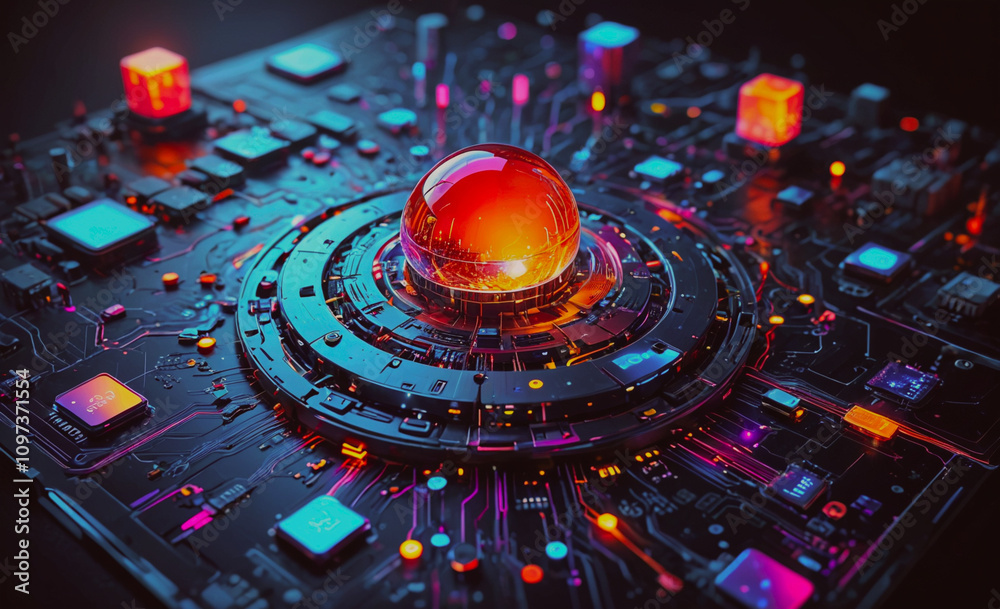 Poster a colorful, glowing, and abstract design of a computer chip. the design is made up of many small squ