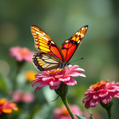 Obraz premium Close-up of a colorful butterfly resting on a vibrant flower, Wildlife, Insect, Wings, Summer, Bright