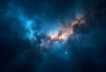 Obraz premium stunning cosmic scene featuring vibrant blue and orange nebulae, surrounded by countless stars, creating mesmerizing view of universe