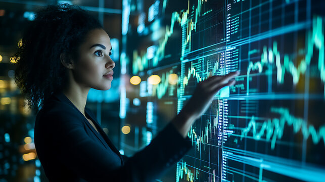 A female team leader discussing financial graphs with her team in a sleek, glass-walled conference room 