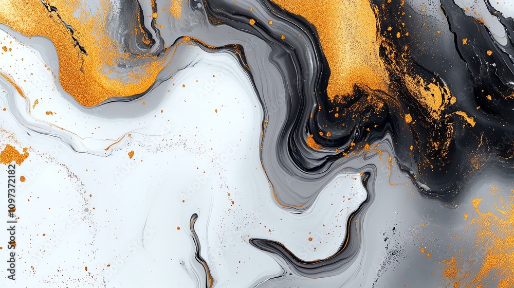 Aufkleber Abstract swirling patterns in black, white, and gold hues create a dynamic visual effect.