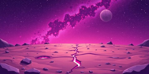 Fantasy alien planet landscape with craters and lighted crack, purple galaxy sky, stars, rocks, illustration, lighted crack