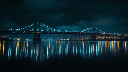 A view of a city bridge lit up at night, with bright lights reflecting off the water beneath and traffic flowing across 