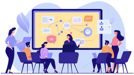 A professional woman addressing her team with a flowchart displayed on a screen behind her 