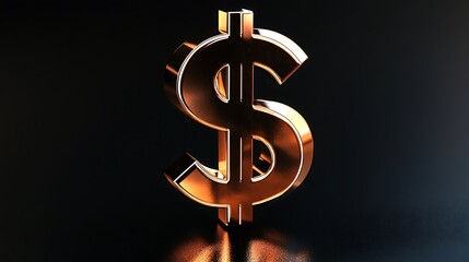 A 3D copper dollar sign shining with reflections against a dark black background, symbolizing wealth and success