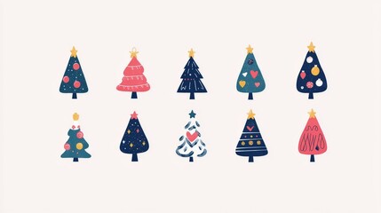 Playful Christmas tree icons in vibrant pinks blues and greens with polka dots and stripes on a beige background perfect for modern and colorful holiday designs