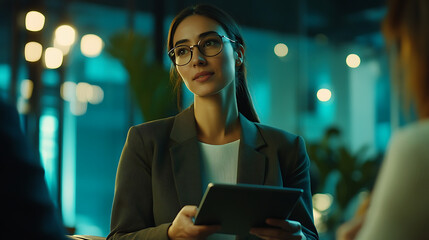 Fototapeta premium A professional woman hosting a discussion with her team while holding a digital tablet 