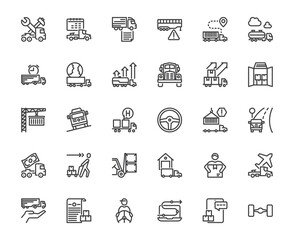 Trailer truck logistic transportation related thin line icon set on transparent background, land cargo shipping and transport concept, 48x48 pixel perfect icon editable stroke line for design