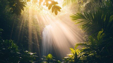 Sunbeams Illuminate Lush Rainforest Waterfall Scene