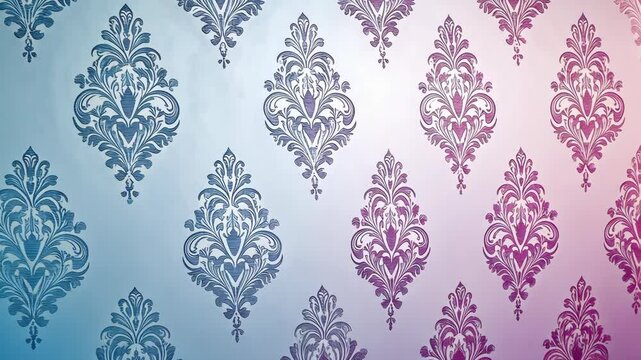 Elegant damask pattern in soft blue and pink hues with intricate designs for interior decor inspiration
