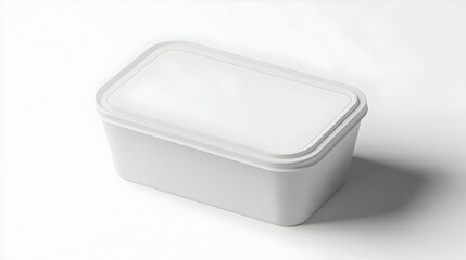 White rectangular plastic food container with lid, isolated on white background.