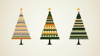 Whimsical lineup of Christmas trees featuring vintage inspired stripes polka dots and festive patterns in a playful arrangement on a cream backdrop creating a nostalgic holiday atmosphere