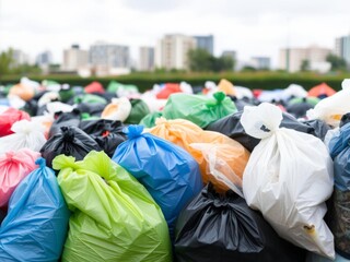 Four rows of neatly lined up garbage bags, garbage, city