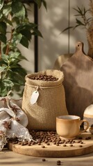 Coffee station featuring a burlap bag of freshly roasted coffee beans and a ceramic coffee cup surrounded by natural elements, earthy tones, ceramic coffee cup
