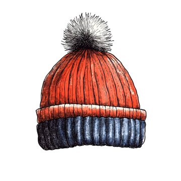 red and blue winter hat with pompom clip art preview