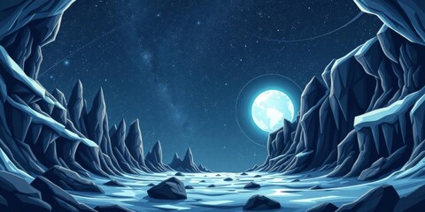 Frozen canyon on alien planet with ice stalagmites, rocks, and glowing sphere in dark starry sky, cartoon, landscape