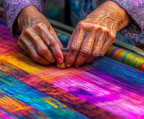 A traditional Indian woman weaving on an antique loom colorful woven fabric threads