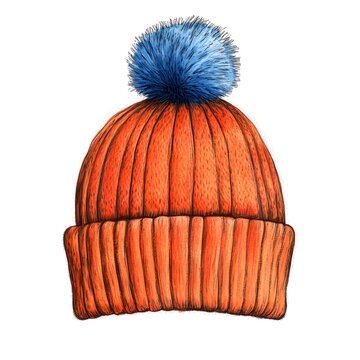 recommend clip art: Hand-drawn illustration of an orange knitted beanie with a blue pom pom