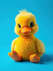 Cute and colorful duck plush toy isolated on blue, children's gift, vibrant feathers, fluffy toy, soft touch, adorable duckling