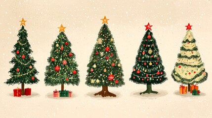 Obraz premium Festive display of realistic ornamented Christmas trees with sparkling lights and decorative gifts placed underneath on a shimmering golden background
