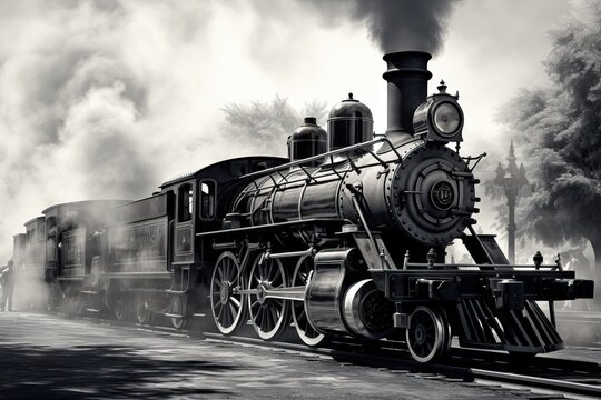 Old steam engine train departs from railway station. Vintage locomotive with carriages run on the track in countryside. Retro transport and steampunk concept 