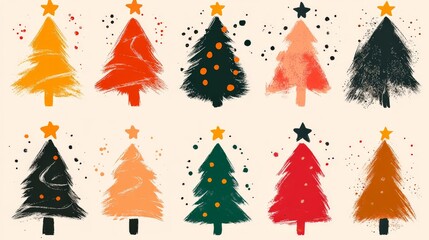Obraz premium Cheerful watercolor and brush stroke Christmas tree designs in vibrant orange red and green tones with textured artistic details on a soft neutral background