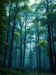 Obraz premium Dense forest with tall trees and a blurred soft blue background amidst foliage, shaded area, natural scenery, misty atmosphere, greenery, woodland