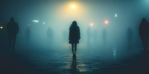 Fototapeta premium A lone woman walks through a foggy city street at night, surrounded by indistinct figures.