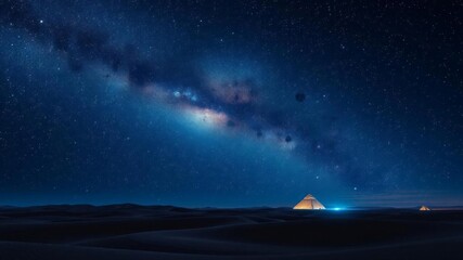 Futuristic Egyptian pyramid glowing in neon lights against the backdrop of the Milky Way galaxy in a desert night sky, digitally generated, glowing, space