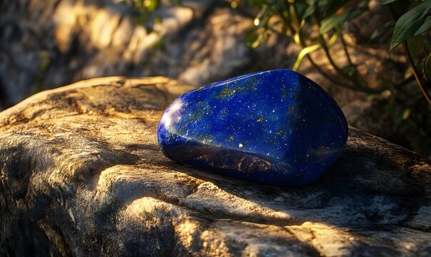Polished lapis lazuli tumbled stone on wood.