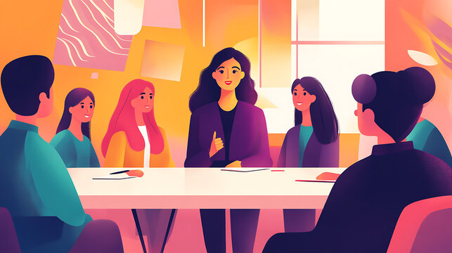 A woman in charge of a creative brainstorming session surrounded by engaged colleagues 