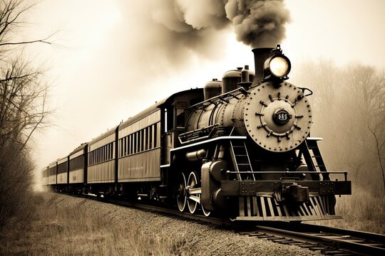 Old steam engine train departs from railway station. Vintage locomotive with carriages run on the track in countryside. Retro transport and steampunk concept 