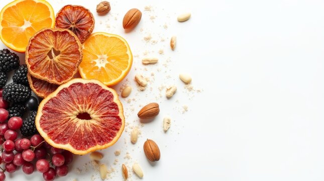 Fundo branco com frutas desidratadas no lado esquerdo.