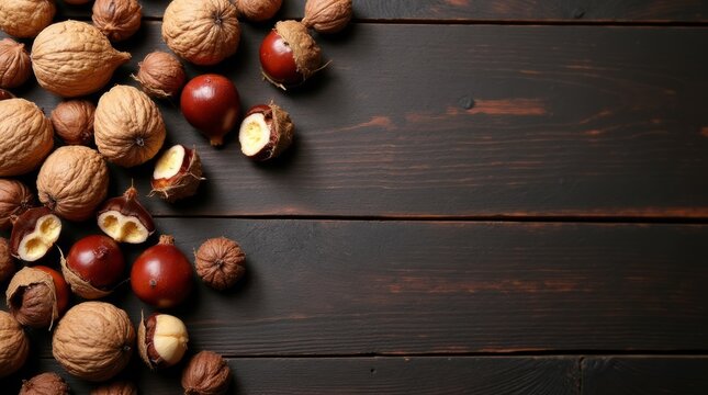 Nozes, castanhas e avel&atilde;s espalhadas sobre uma mesa de madeira escura. Espa&ccedil;o vazio para texto.