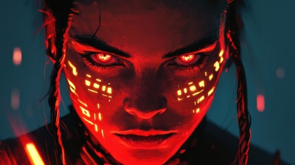Intense digital portrait with glowing elements.
