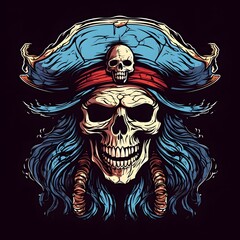 Skull Pirate Wearing a Blue Hat and Red Bandana