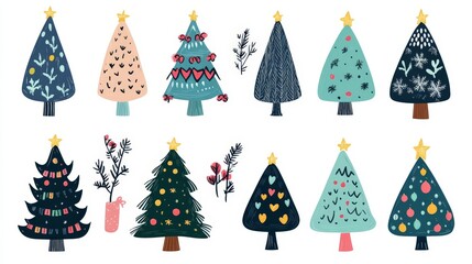 Obraz premium Playful collection of whimsical Christmas trees with unique decorations and diverse styles vibrant holiday design capturing festive creativity and joy