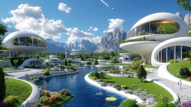Futuristic Eco-Friendly City with Modern Architecture, Lush Greenery, Crystal Clear Waterways, and Majestic Mountain Backdrop Under a Bright Blue Sky